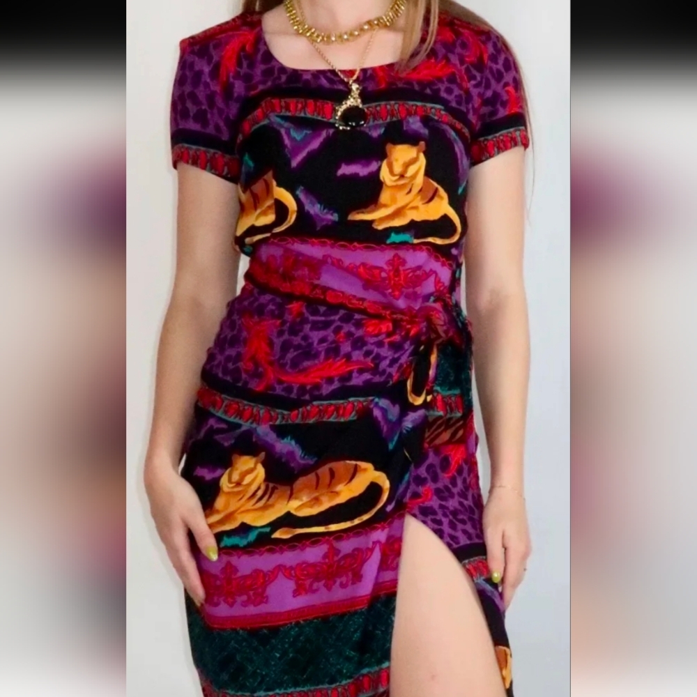 Jessica Howard Boho 90s Tiger Padded Shoulder Short Sleeve Midi Dress Size‎ 8